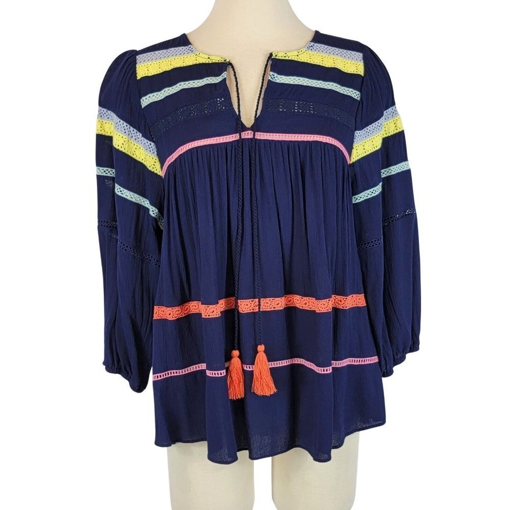 Boho Peasant Blouse Womens S Cottagecore Crochet Lace Tassel Festival Hippie Top - Picture 2 of 13